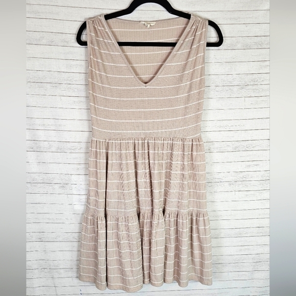 SEE YOU MONDAY STRIPED TIERED MINI DRESS IN CREAMY BEIGE, SZ MEDIUM - Picture 1 of 11
